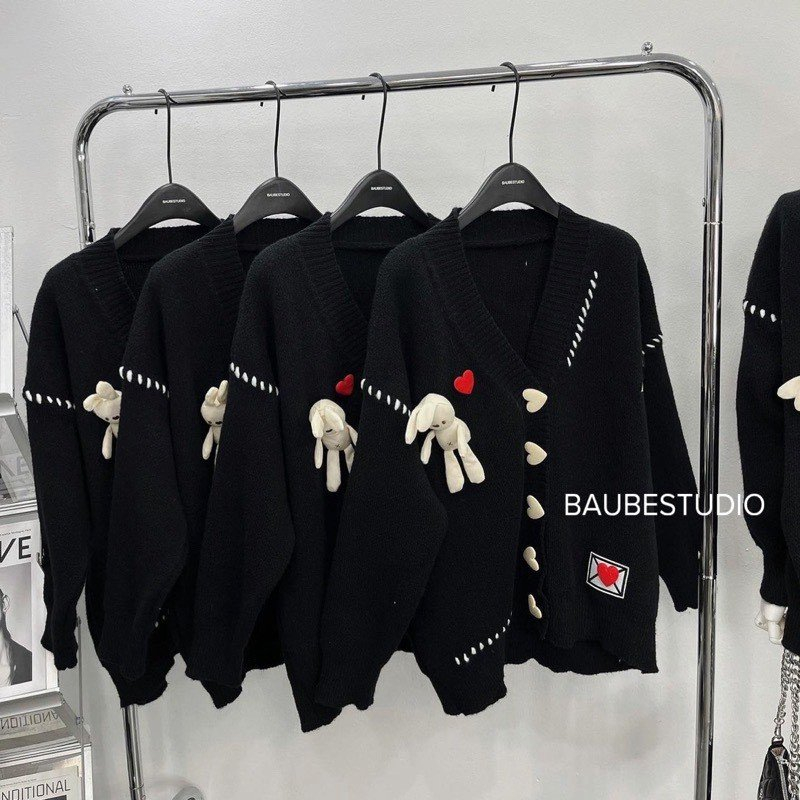 Áo Khoác Nữ, Áo Khoác Cardigan Len Tim Đính Thỏ Bông Siêu Cute