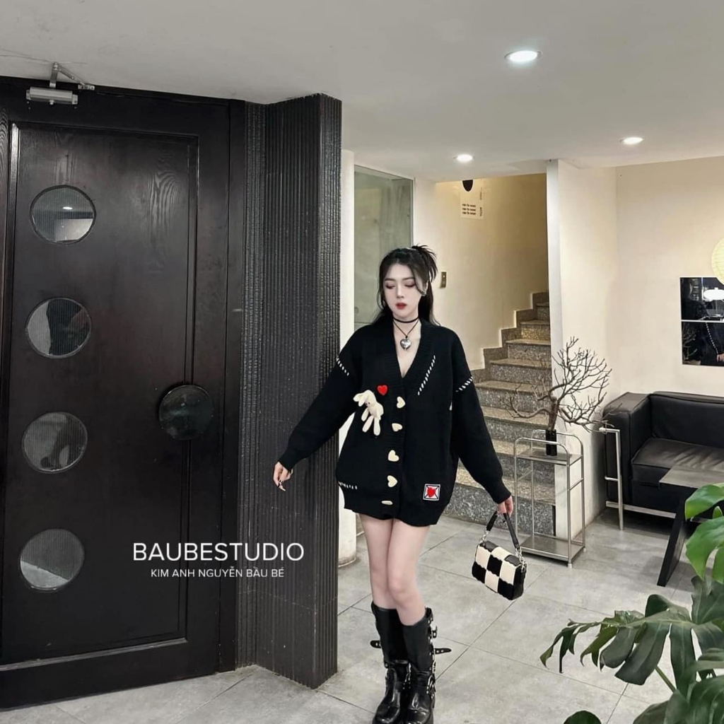 Áo Khoác Nữ, Áo Khoác Cardigan Len Tim Đính Thỏ Bông Siêu Cute