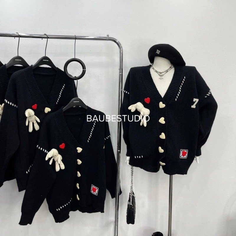 Áo Khoác Nữ, Áo Khoác Cardigan Len Tim Đính Thỏ Bông Siêu Cute