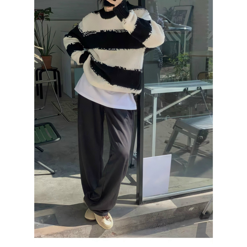 Áo Nữ, Áo Sweater Len Nữ Dáng Thụng Kẻ Ngang Dài Tay, Áo Len Nữ Dáng Thụng Phối Màu