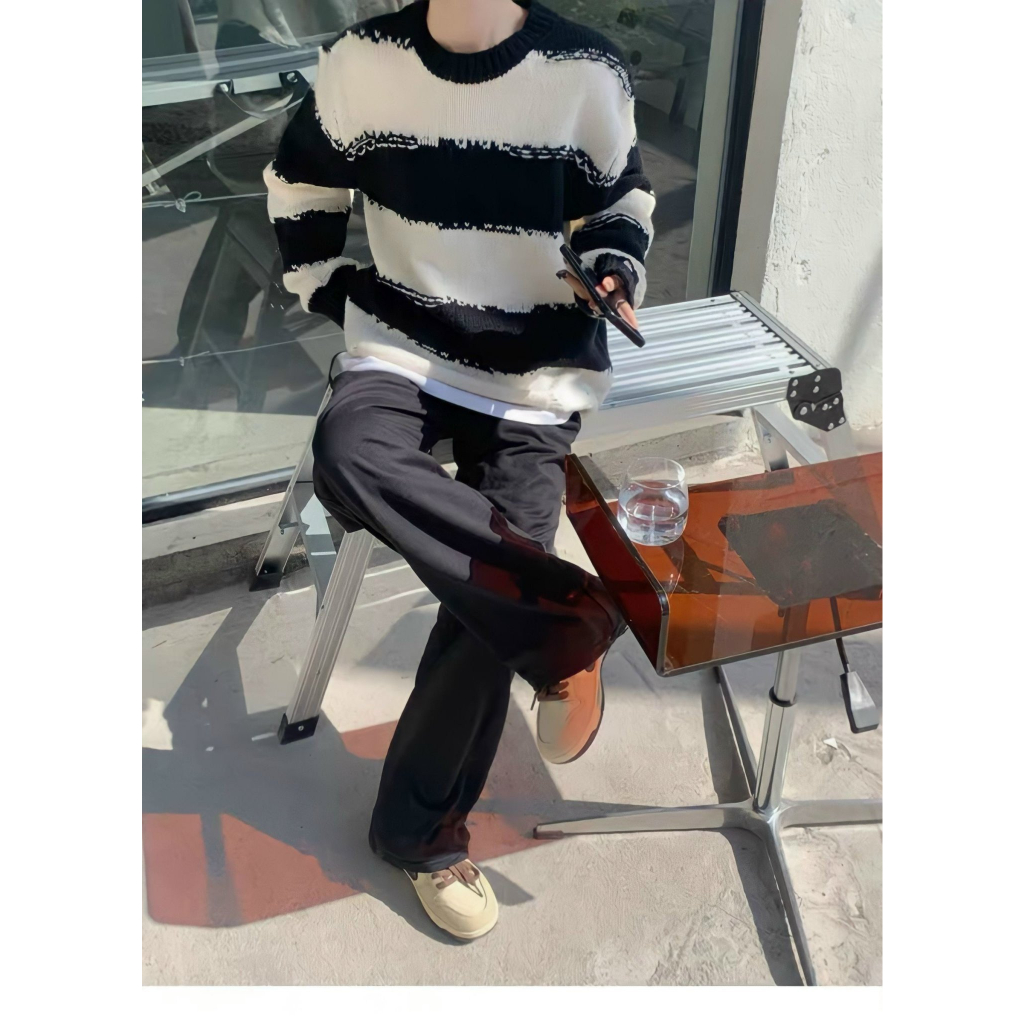 Áo Nữ, Áo Sweater Len Nữ Dáng Thụng Kẻ Ngang Dài Tay, Áo Len Nữ Dáng Thụng Phối Màu