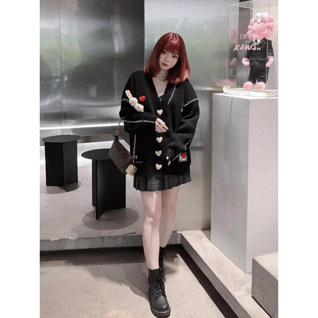 Áo Khoác Nữ, Áo Khoác Cardigan Len Tim Đính Thỏ Bông Siêu Cute