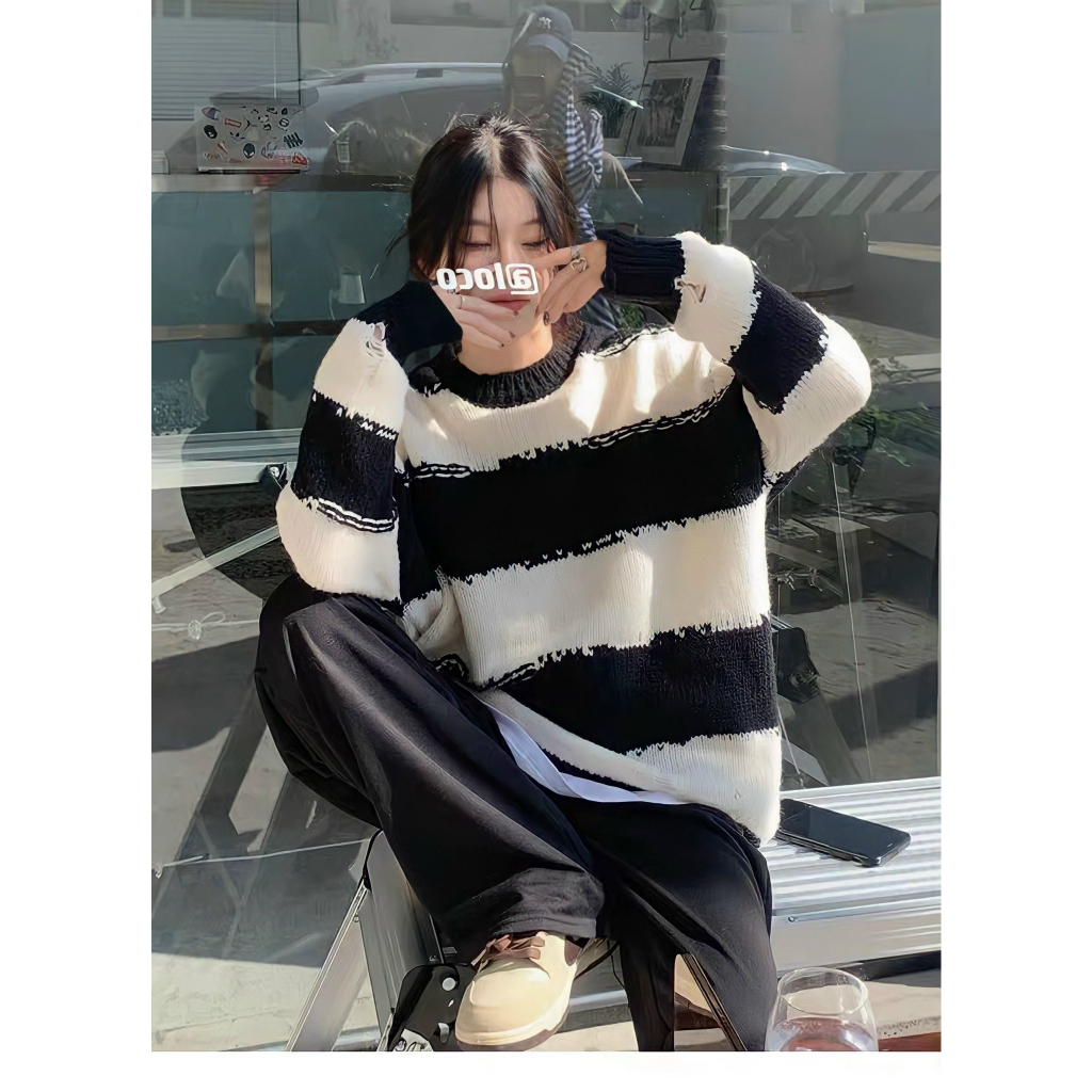 Áo Nữ, Áo Sweater Len Nữ Dáng Thụng Kẻ Ngang Dài Tay, Áo Len Nữ Dáng Thụng Phối Màu