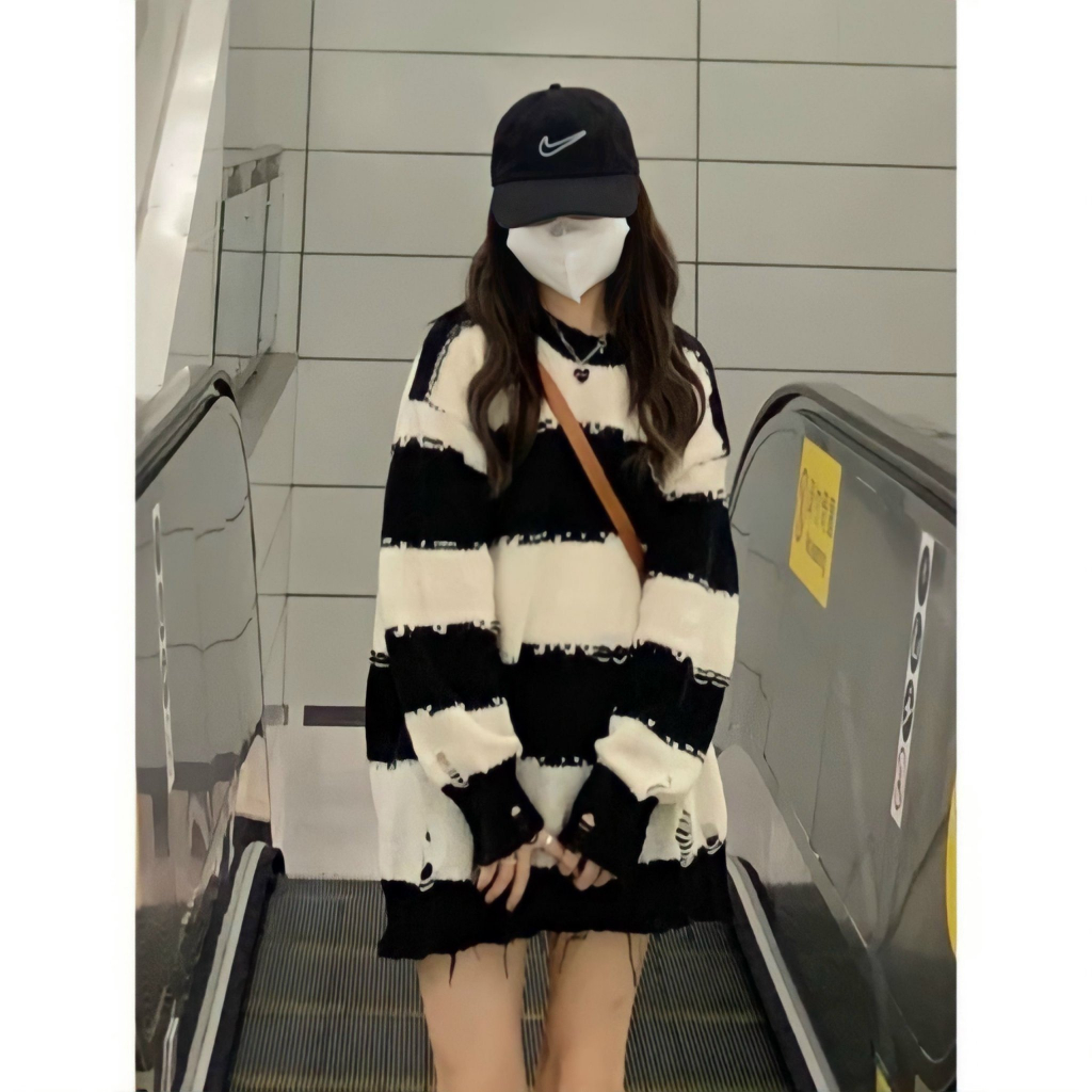 Áo Nữ, Áo Sweater Len Nữ Dáng Thụng Kẻ Ngang Dài Tay, Áo Len Nữ Dáng Thụng Phối Màu