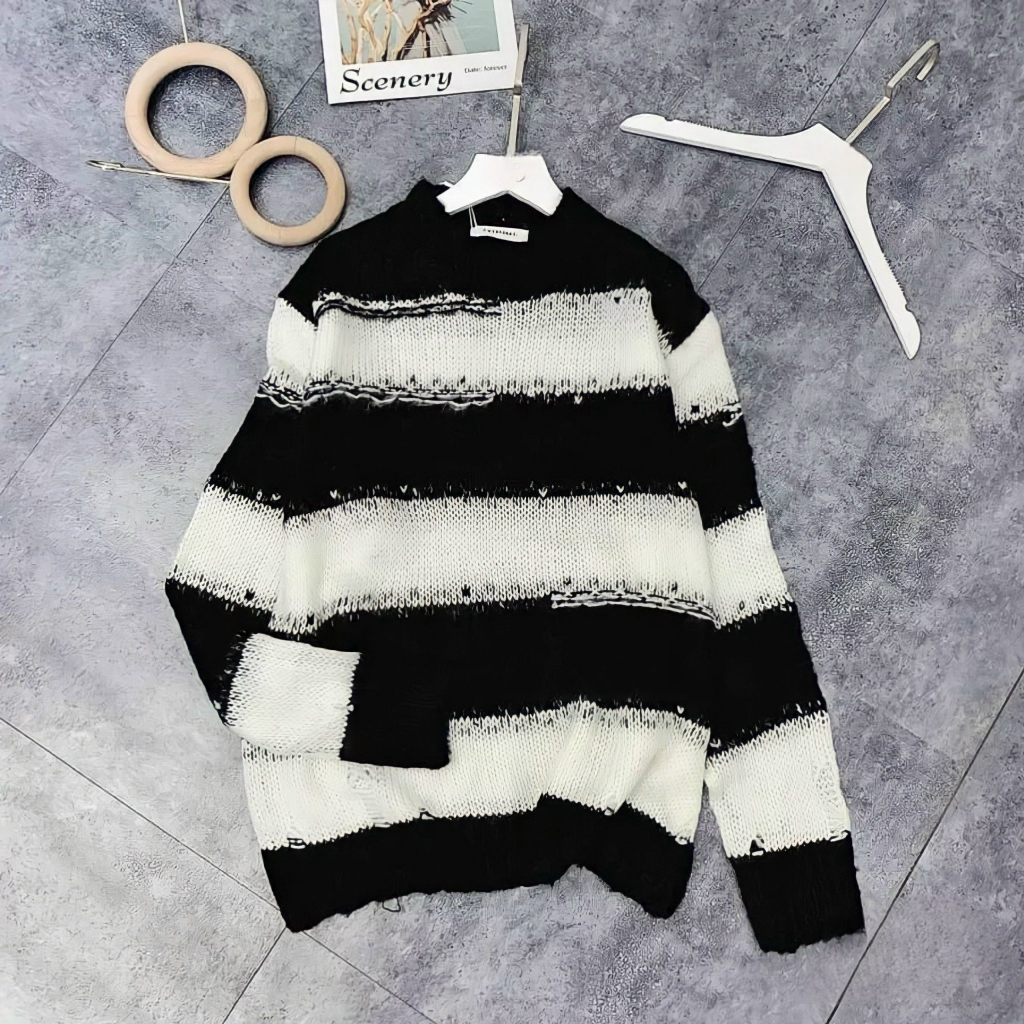 Áo Nữ, Áo Sweater Len Nữ Dáng Thụng Kẻ Ngang Dài Tay, Áo Len Nữ Dáng Thụng Phối Màu