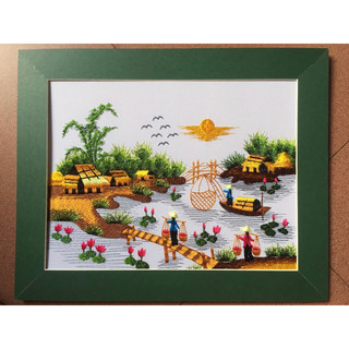 Tranh thêu tay miền quê sông nước cô gái qua cầu đã hoàn THiện KT 30x35cm