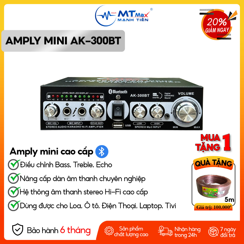 Amply AK300BT - Bộ Khuếch Đại Công Suất Âm Thanh 200W, Đầu Vào 2 Mic BT 5.0 Bộ Thu Âm Thanh Kỹ Thuật Số Karaoke