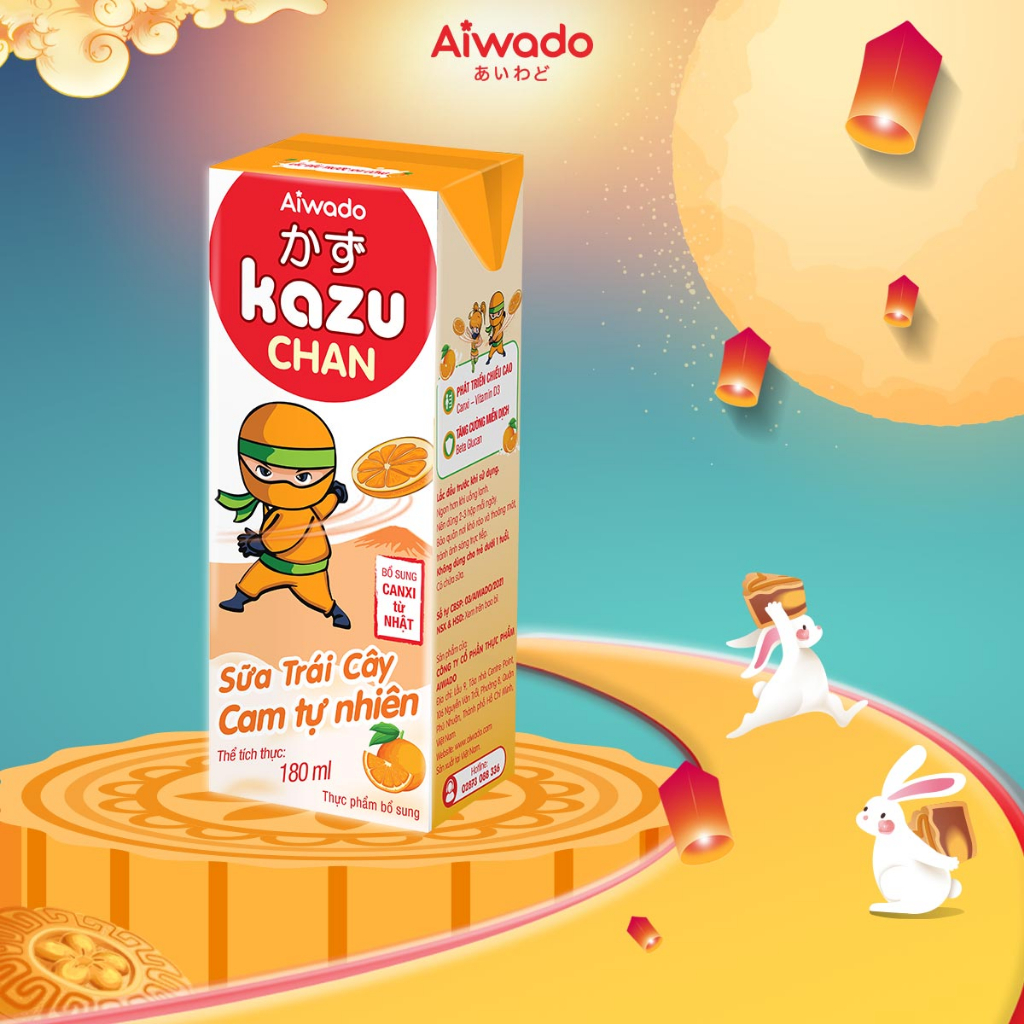 Aiwado Kazu Chan - Sữa trái cây Cam tự nhiên (Thùng 48 hộp 180ml)