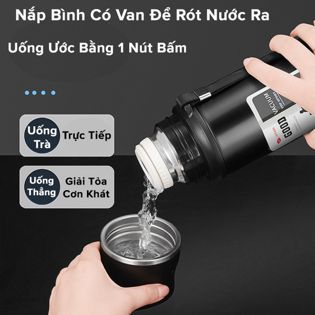 [1000ml] Bình Phích Inox Giữ Nhiệt Nóng Lạnh Good 1000ml Có Nút Nhấn Uống Luôn Có Quai Đeo, Cốc Uống Chính Hãng Amalife