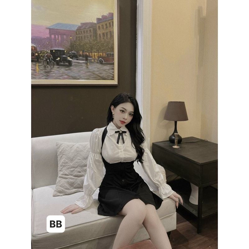 Váy set áo sơmi váy yếm tiểu thư trẻ trung