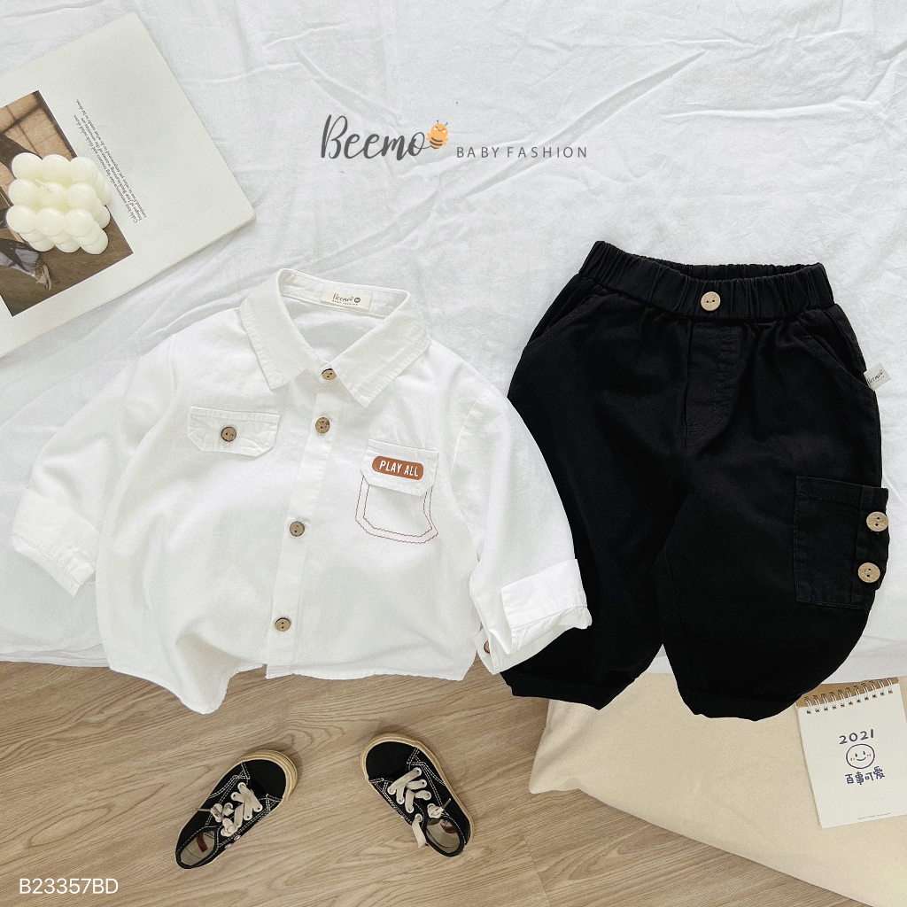 Bộ sơ mi nắp túi sành điệu phối quần baggy kaki cho bé trai, set sơ mi thô Hàn cá tính cho bé Beemo