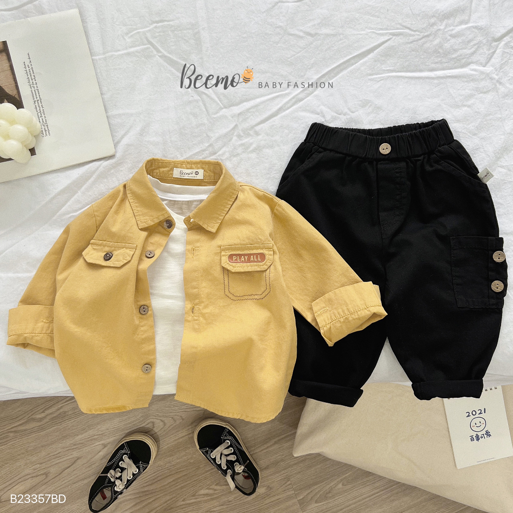 Bộ sơ mi nắp túi sành điệu phối quần baggy kaki cho bé trai, set sơ mi thô Hàn cá tính cho bé Beemo