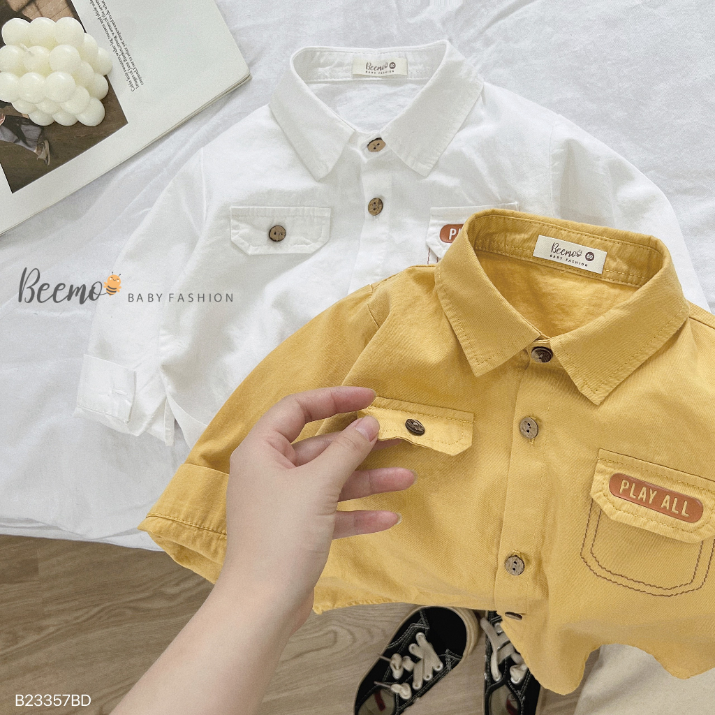Bộ sơ mi nắp túi sành điệu phối quần baggy kaki cho bé trai, set sơ mi thô Hàn cá tính cho bé Beemo