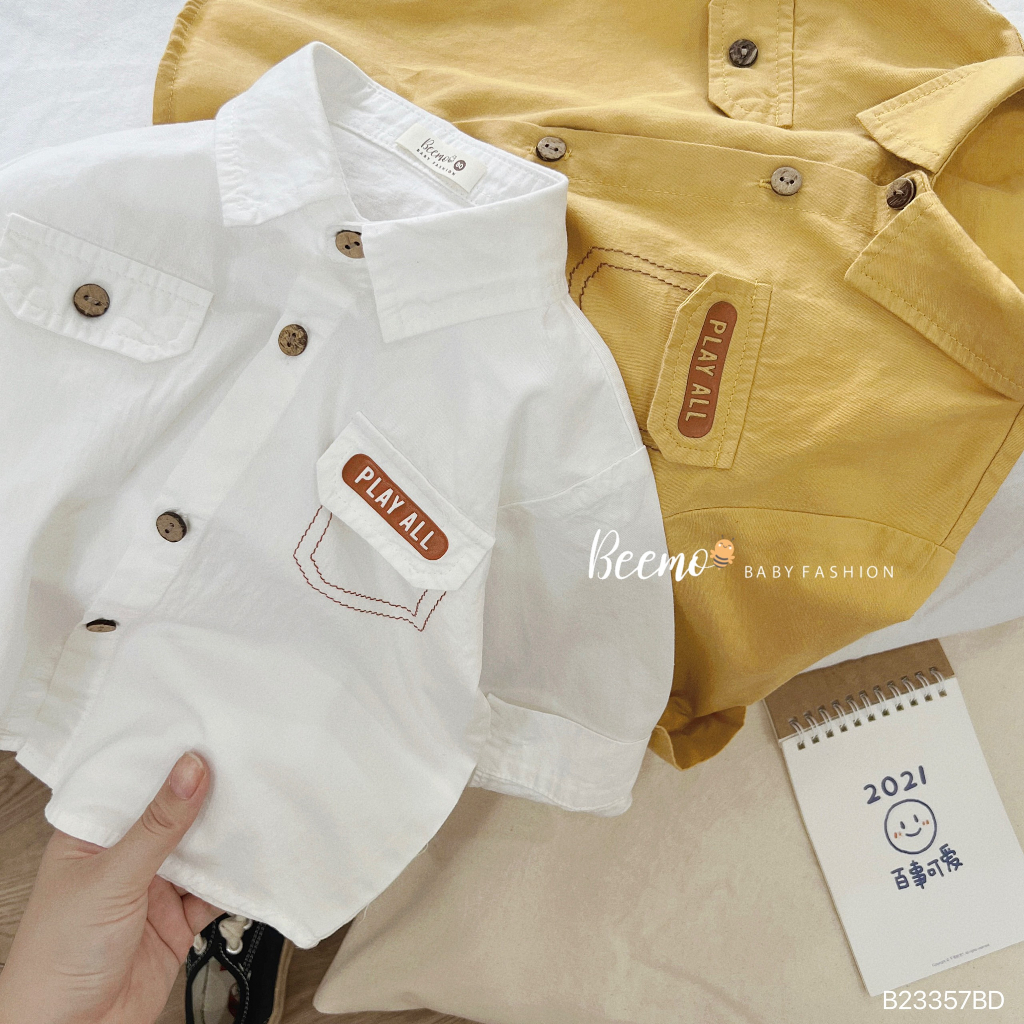 Bộ sơ mi nắp túi sành điệu phối quần baggy kaki cho bé trai, set sơ mi thô Hàn cá tính cho bé Beemo