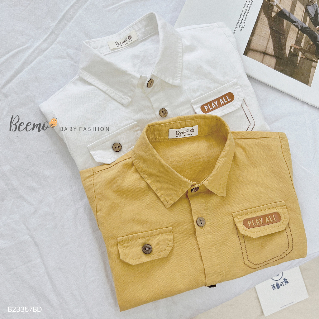Bộ sơ mi nắp túi sành điệu phối quần baggy kaki cho bé trai, set sơ mi thô Hàn cá tính cho bé Beemo
