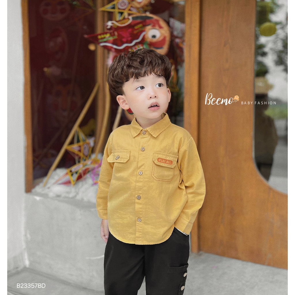 Bộ sơ mi nắp túi sành điệu phối quần baggy kaki cho bé trai, set sơ mi thô Hàn cá tính cho bé Beemo