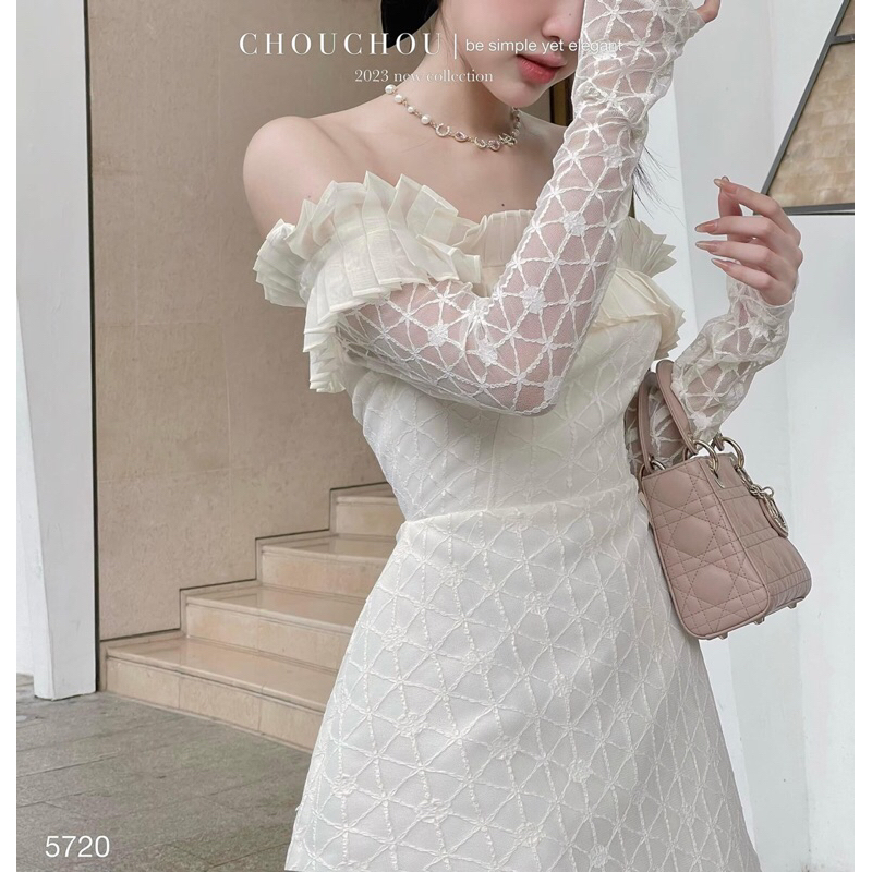 JENNYCLOSET | Đầm trễ vai ren dài tay nhẹ nhàng tiểu thư , Váy dự tiệc phong cách sang chảnh