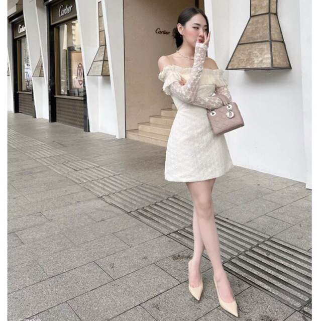 JENNYCLOSET | Đầm trễ vai ren dài tay nhẹ nhàng tiểu thư , Váy dự tiệc phong cách sang chảnh