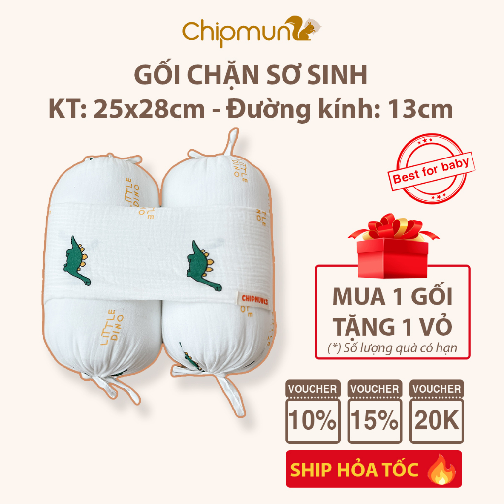 Gối chặn xô muslin, lõi bông gòn nhập khẩu cao cấp CHIPMUNK cho bé 0-12 tháng - KT dài 26cm, đường kính 13cm