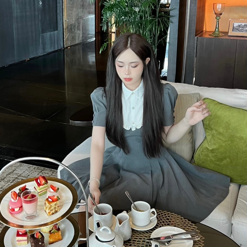 Đầm xoè tiểu thư tay bồng đáp cổ sơ mi MN7