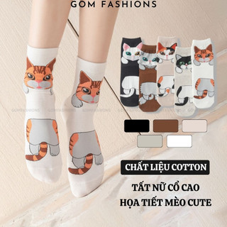 tất nữ cổ cao GOMTAT hoạ tiết hình mèo, chất liệu cotton kháng khuẩn, thấm hút mồ hôi  -CAOMEO-UYE-7006-1DOI
