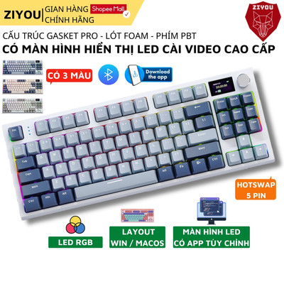 Bàn Phím Cơ Không Dây Bluetooth Attack Shark K86RGB Led Pro, Màn Hình LED TFT, Núm Xoay, Hotswap