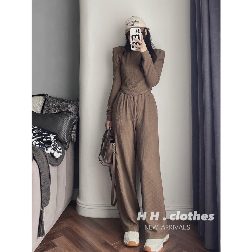 Sét bộ đồ nữ chất vải tăm áo đệm vai dài tay phối quần dài ống rộng có túi hot trend tôn da, tôn dáng cho các tình yêu