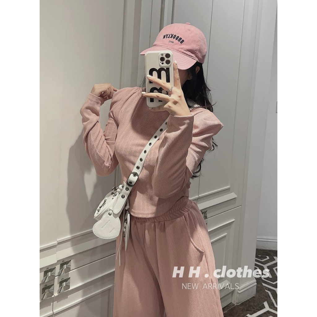 Sét bộ đồ nữ chất vải tăm áo đệm vai dài tay phối quần dài ống rộng có túi hot trend tôn da, tôn dáng cho các tình yêu