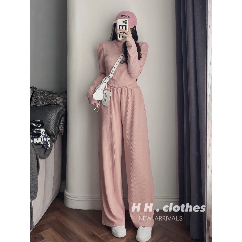 Sét bộ đồ nữ chất vải tăm áo đệm vai dài tay phối quần dài ống rộng có túi hot trend tôn da, tôn dáng cho các tình yêu