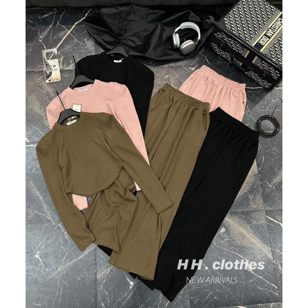 Sét bộ đồ nữ chất vải tăm áo đệm vai dài tay phối quần dài ống rộng có túi hot trend tôn da, tôn dáng cho các tình yêu