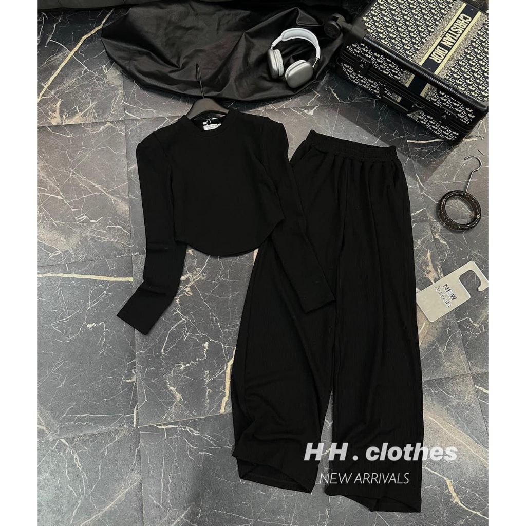 Sét bộ đồ nữ chất vải tăm áo đệm vai dài tay phối quần dài ống rộng có túi hot trend tôn da, tôn dáng cho các tình yêu