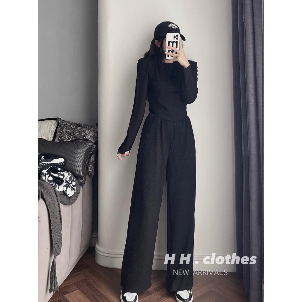 Sét bộ đồ nữ chất vải tăm áo đệm vai dài tay phối quần dài ống rộng có túi hot trend tôn da, tôn dáng cho các tình yêu