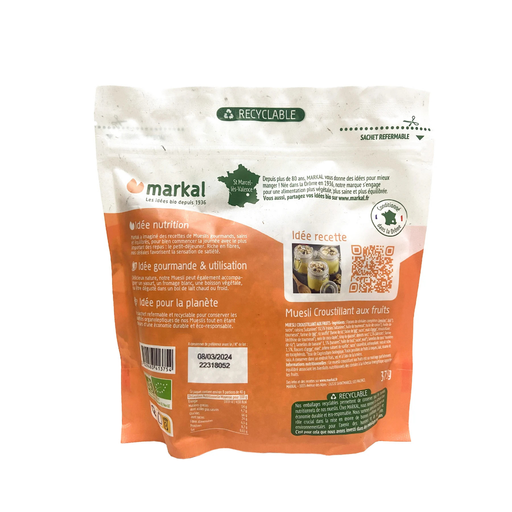 Ngũ cốc giòn trái cây hữu cơ Muesli Crunchy Markal 375g
