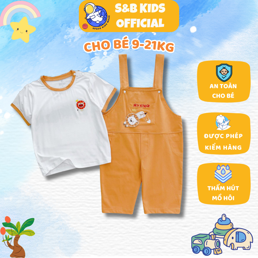 Set yếm bé trai Hàn Quốc dễ thương in hình sư tử, thun cotton mát mẻ, co giãn kèm áo trắng 1-4 tuổi, 9-21kg | S&B KIDS