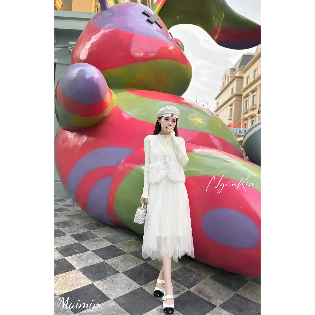 Set váy len chân voan áo gile pha lông công chúa hàng QC