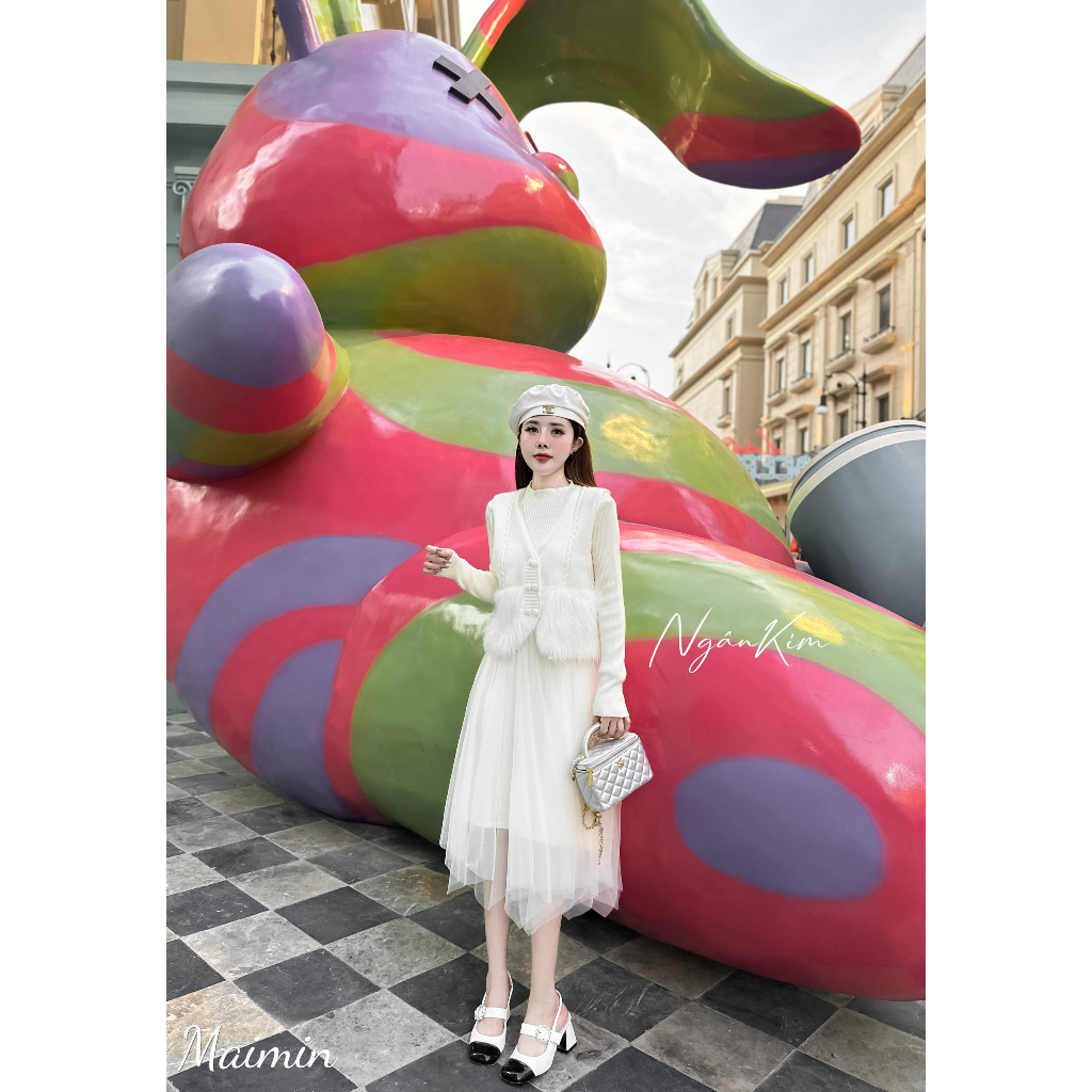 Set váy len chân voan áo gile pha lông công chúa hàng QC