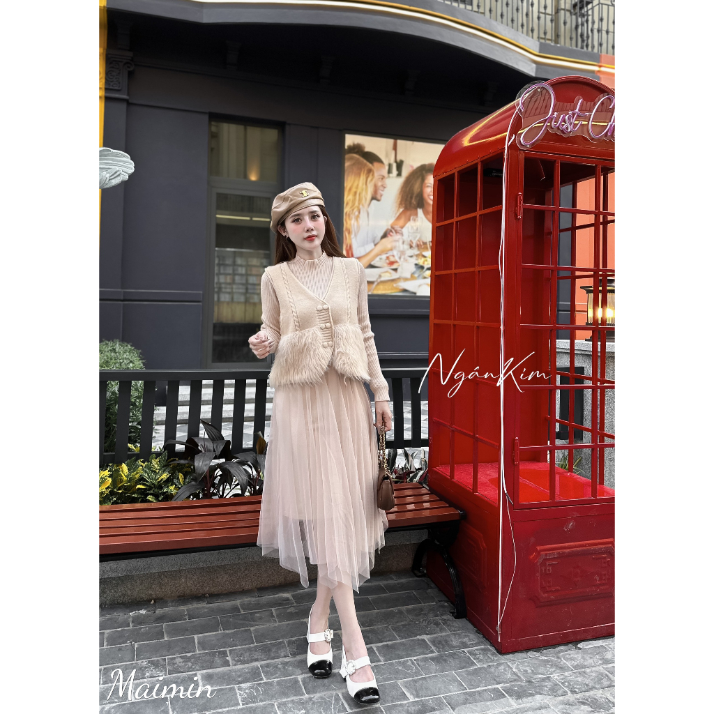 Set váy len chân voan áo gile pha lông công chúa hàng QC