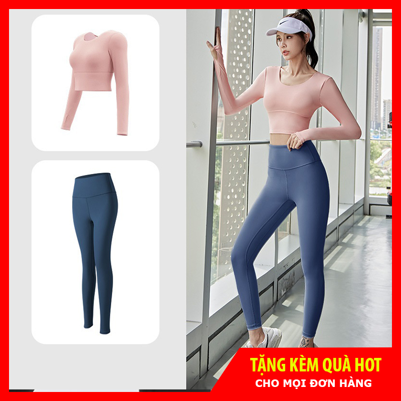 Bộ đồ tập Yoga Gym nữ áo dài tay sẵn đệm mút liền, Set đồ thể thao tập Gym Yoga, chạy bộ, đạp xe nữ vải thun lạnh tôn dá