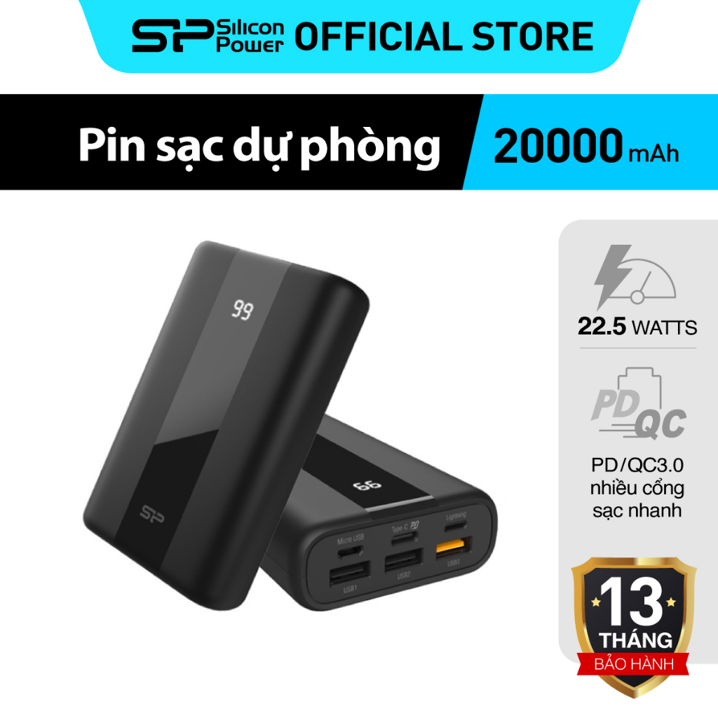 Pin Sạc Dự Phòng Sạc Nhanh/ Chống cháy nổ  Silicon Power QS55 Cổng Sạc Kép USB 20 000 mAh - Bảo hành 13 tháng