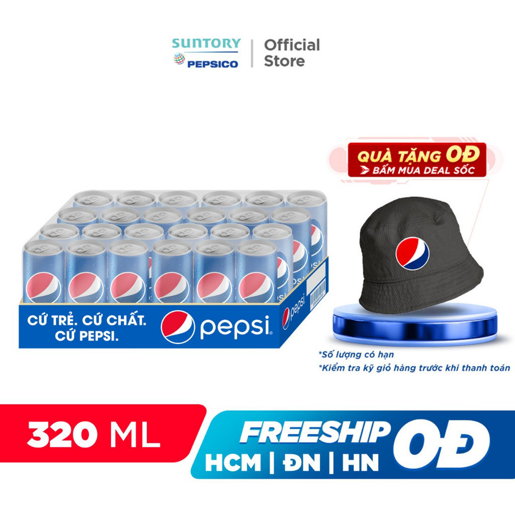 [MUA KÈM DEAL SỐC]Thùng 24 Lon Nước Ngọt Có Gaz Pepsi Lon Xanh (320ml/lon)