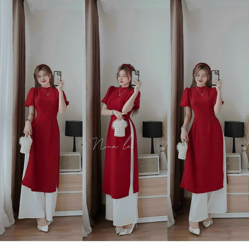 Bộ đồ chơi tết áo dài cách tân xẻ tà tay ngắn phồng mix quần lụa Ht084