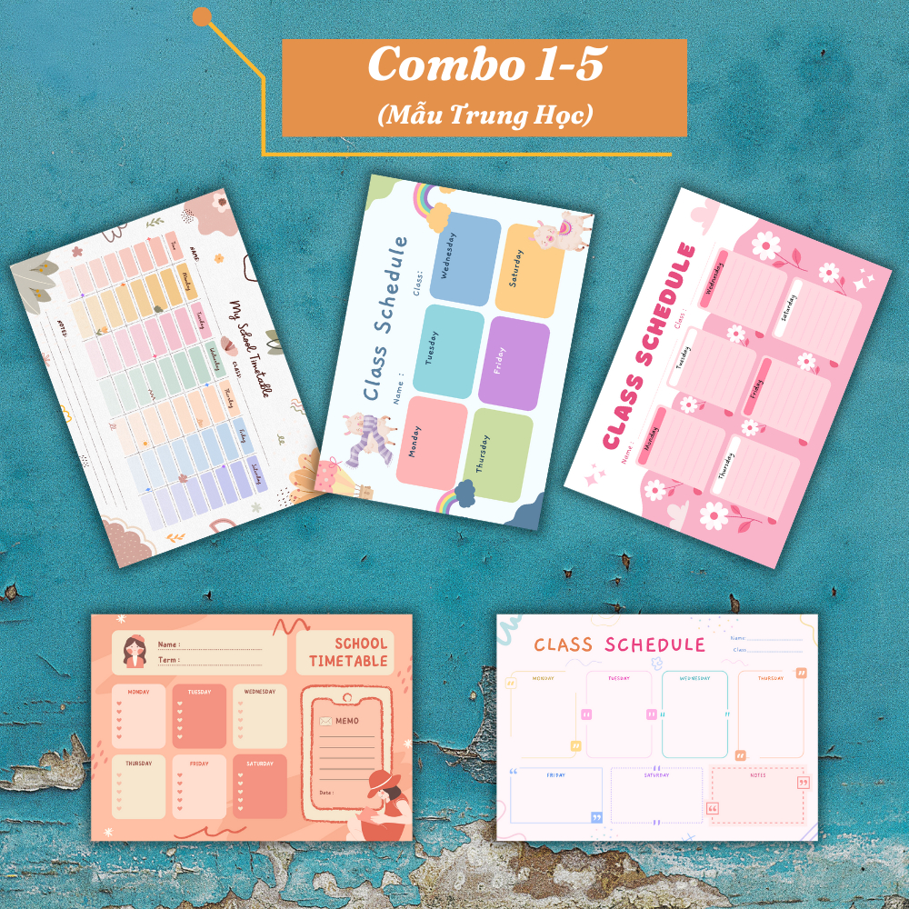 Combo 5 mẫu thời khoá biểu A4 siêu đẹp, viết xoá, ép plastic, bền bỉ, decal dán tường
