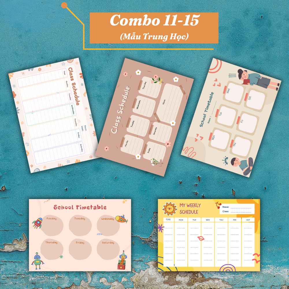 Combo 5 mẫu thời khoá biểu A4 siêu đẹp, viết xoá, ép plastic, bền bỉ, decal dán tường