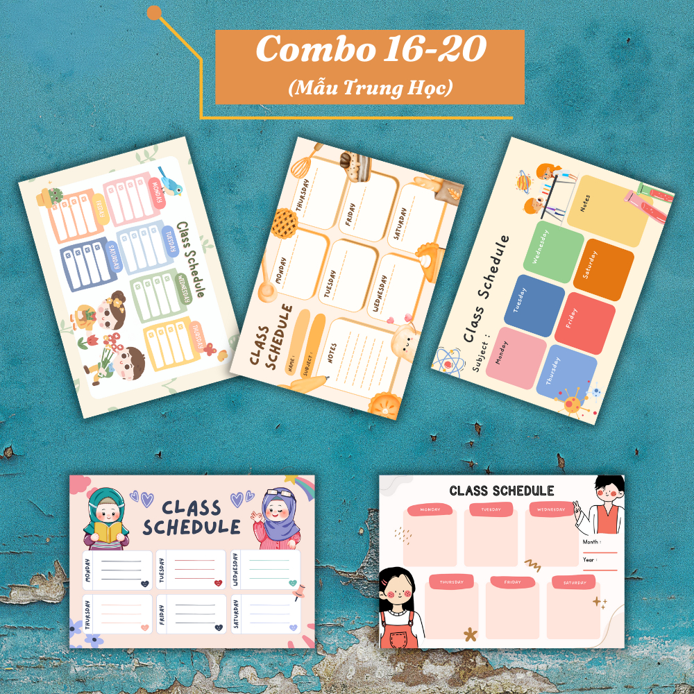 Combo 5 mẫu thời khoá biểu A4 siêu đẹp, viết xoá, ép plastic, bền bỉ, decal dán tường
