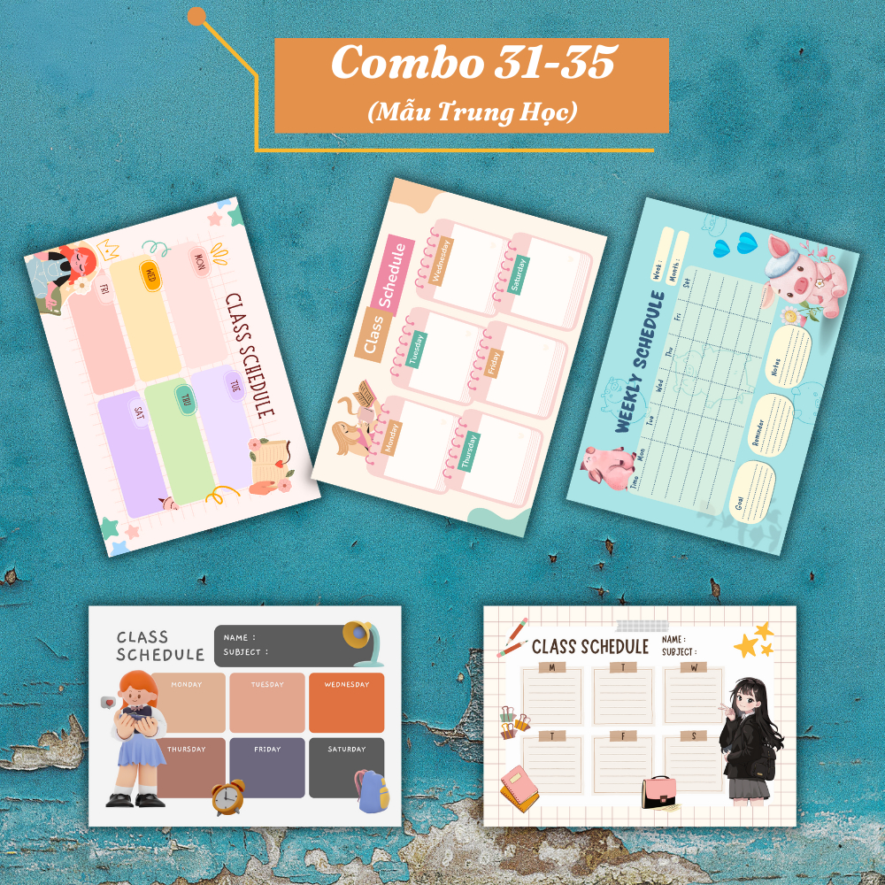 Combo 5 mẫu thời khoá biểu A4 siêu đẹp, viết xoá, ép plastic, bền bỉ, decal dán tường