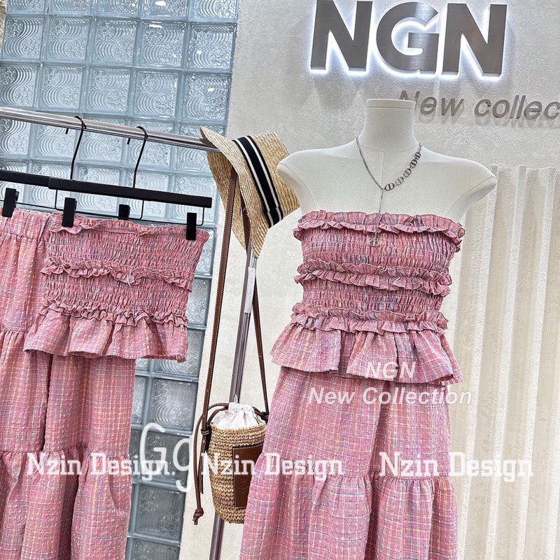 SET ÁO HAI DÂY NHÚN NGỰC VIỀN BÈO KÈM QUẦN SUÔNG DÀI