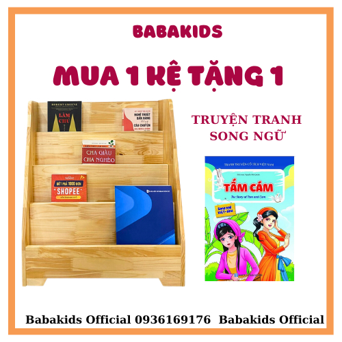 Kệ sách cho bé, kệ sách 4 tầng bằng gỗ tự nhiên
