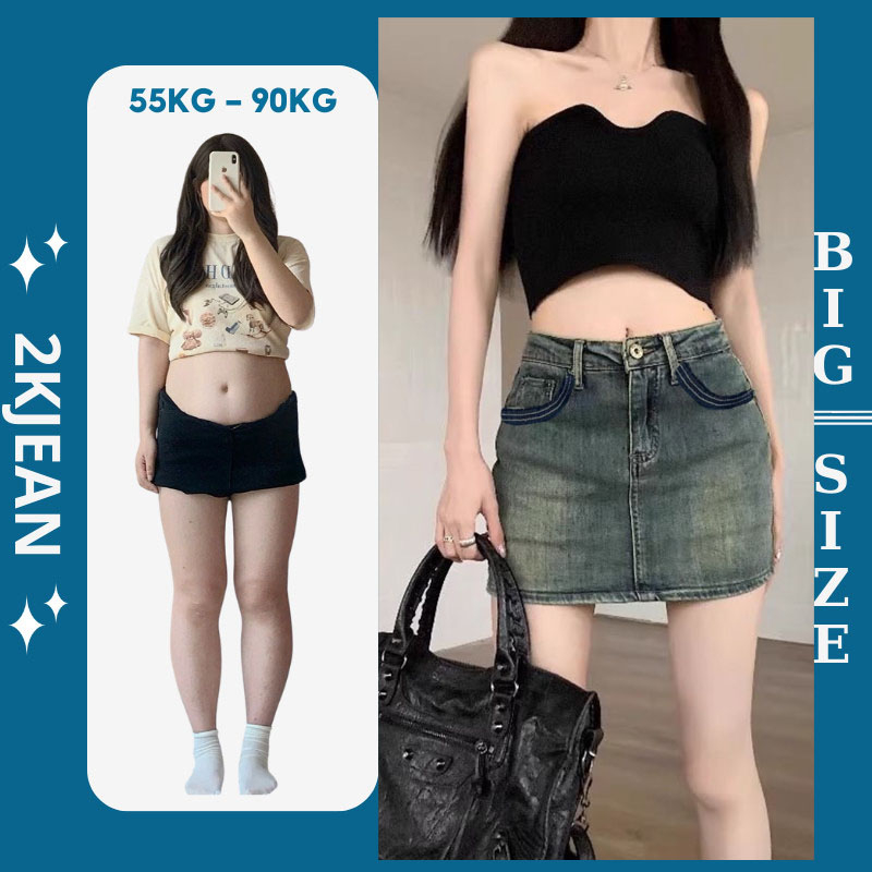 Quần đùi giả váy jean bigsize từ 55-85kg, Chân váy jean cho nữ dáng chữ a cạp cao đi chơi đi biển 2KJean MS2020