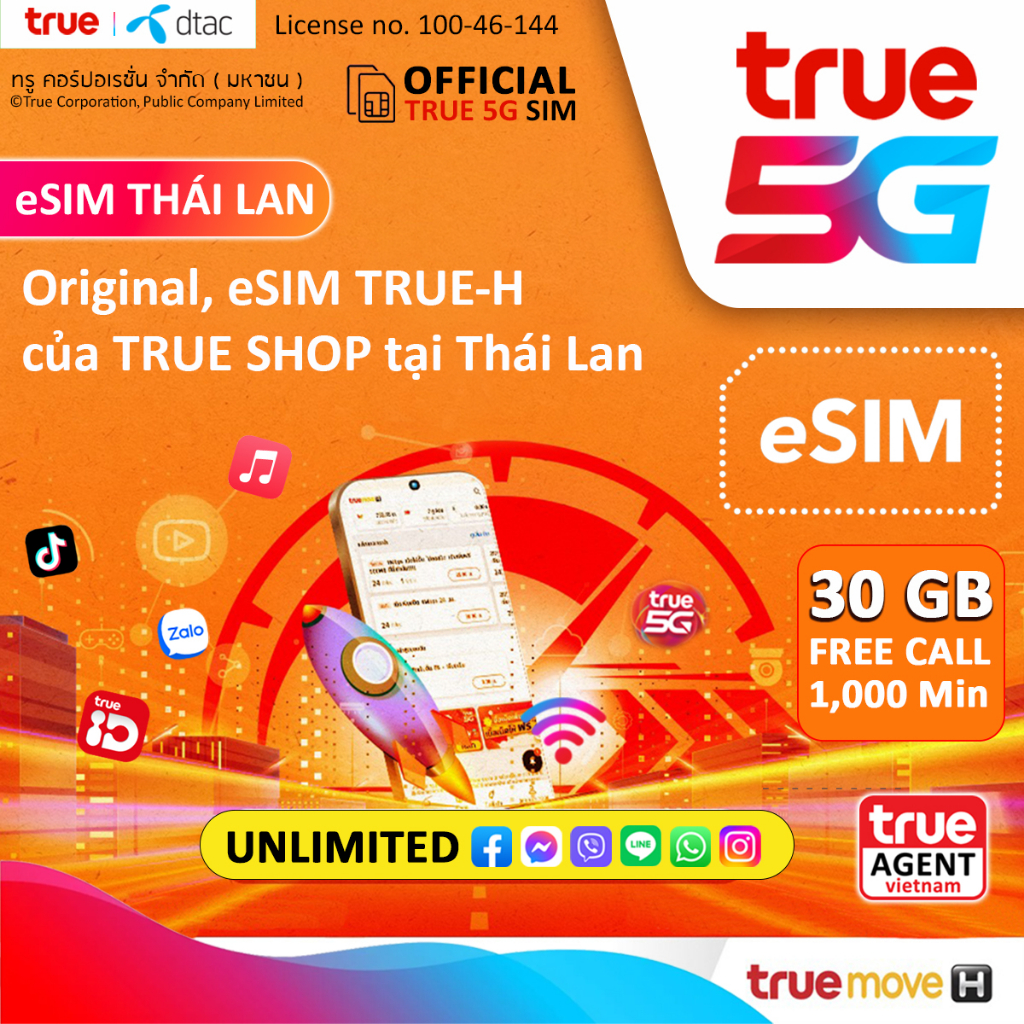 TRUE 5G : eSIM Thái Lan 🇹🇭 30GB 4G/5G, FREE Gọi 1.000 phút, TRUE-WIFI