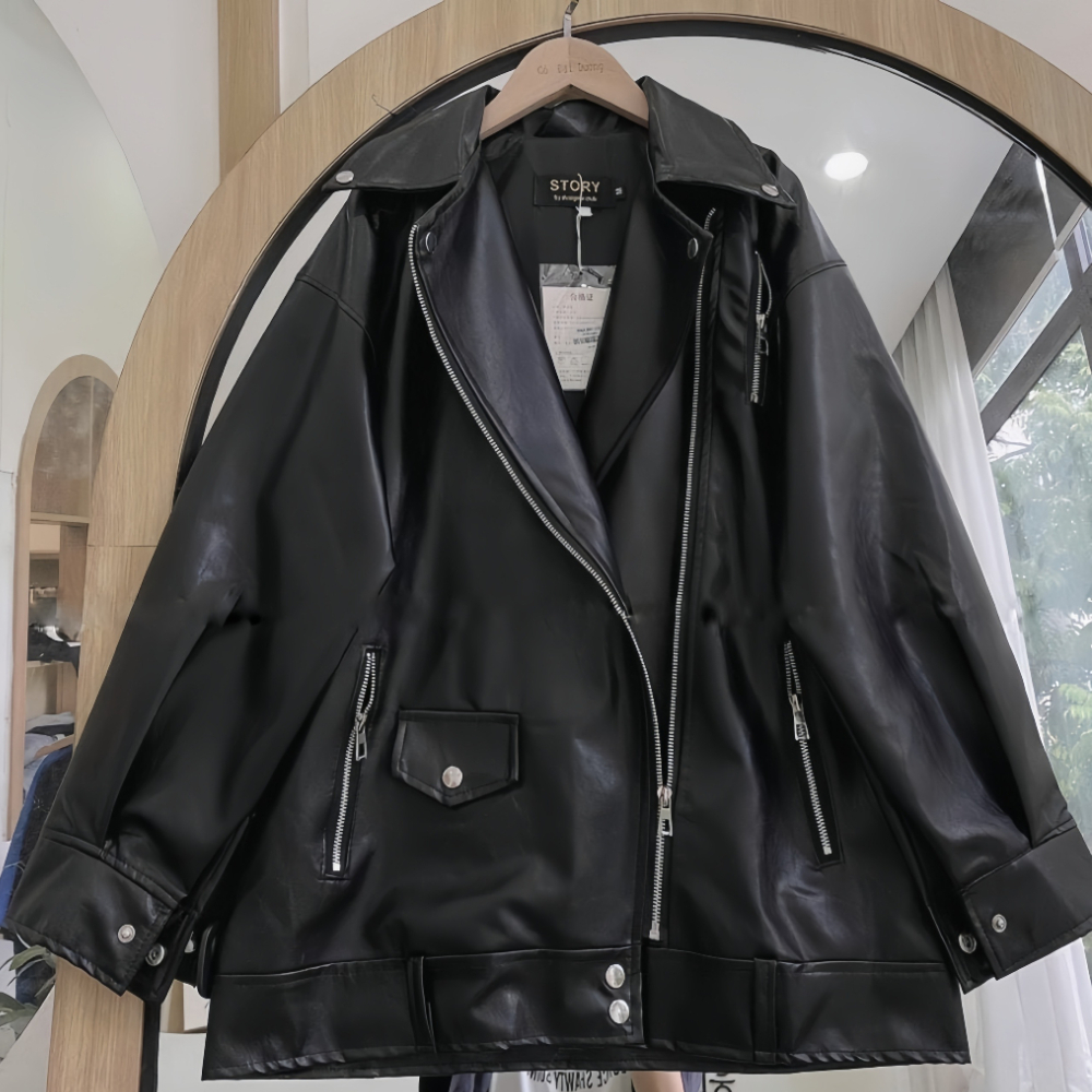Áo khoác da khóa chéo dáng unisex from rộng kèm đai dưới , áo da jackit cá tính